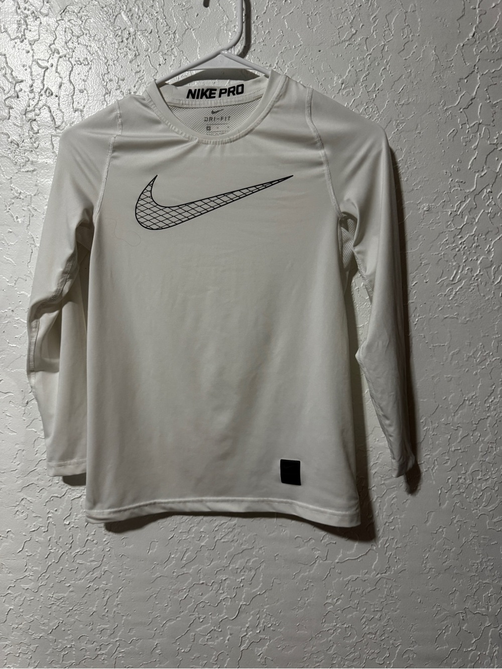 Nike Pro Dri Fit Youth Long Sleeve Compression Shirt White Athletic Workout Top